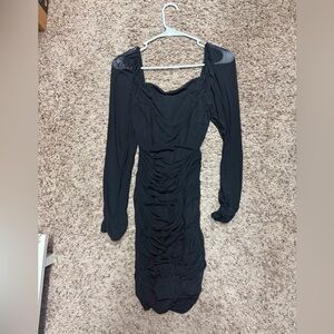 Black Long Sleeve Square Neck Ruched Bodycon Mini Dress